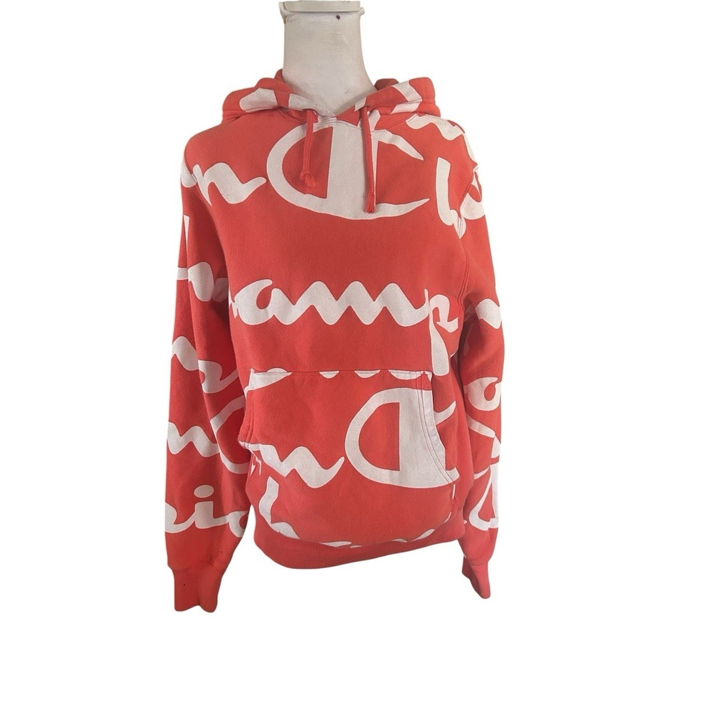 Champion Reverse Weave Hoodie All Over Print Coral Orange White Logo Small S AOP
